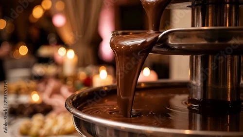 Chocolate Fountain Flowing Warm Liquid Dessert at Elegant Buffet with Candlelight, Soft Bokeh, Pastries, Celebration Atmosphere, and Indulgence for Memorable Evening Gatherings