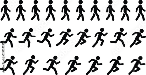 Картината върху платно Walking and running stick figure sprite sheet vector icon set showing steps cycl