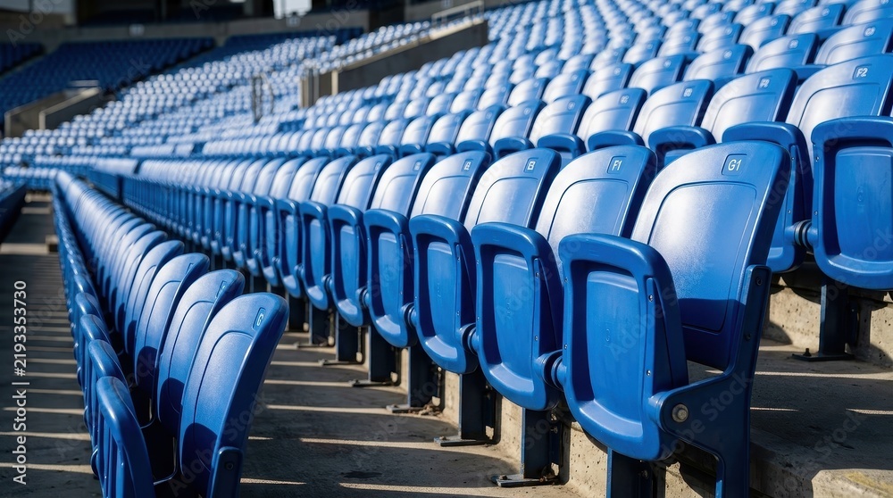 Fototapeta premium Rows of Empty Blue Plastic Seats in a Large Outdoor Sports Stadium Arena Under Bright Sunlight