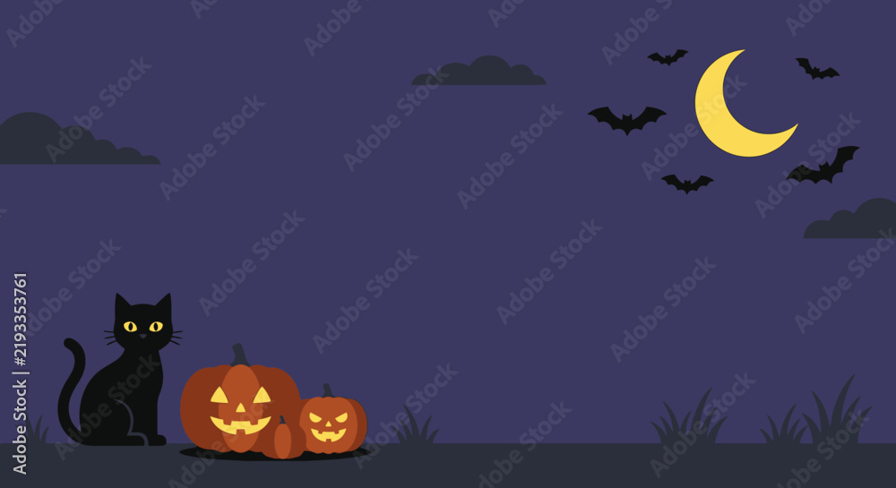Fototapeta premium Halloween Night Background with Pumpkins, Bats, Full Moon and Dark Trees, Spooky Autumn Holiday Cartoon Vector Illustration for October Celebration and Horror Design