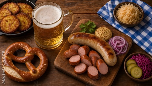 Traditional Oktoberfest Beer, Pretzel and Sausage Platter