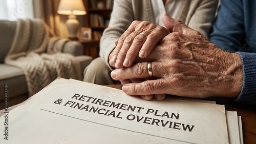 Retirement Plan Financial Overview for Elderly Couple Holding Hands, Reviewing Household Paperwork, Discussing Security and Compassionate Guidance During Thoughtful Home Preparation for Later Life