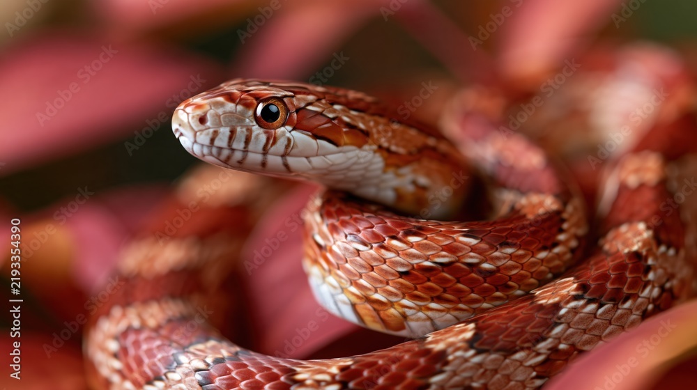 Obraz premium Close-up of a Corn Snake coiled amongst red foliage, showcasing intricate scales and alert eyes