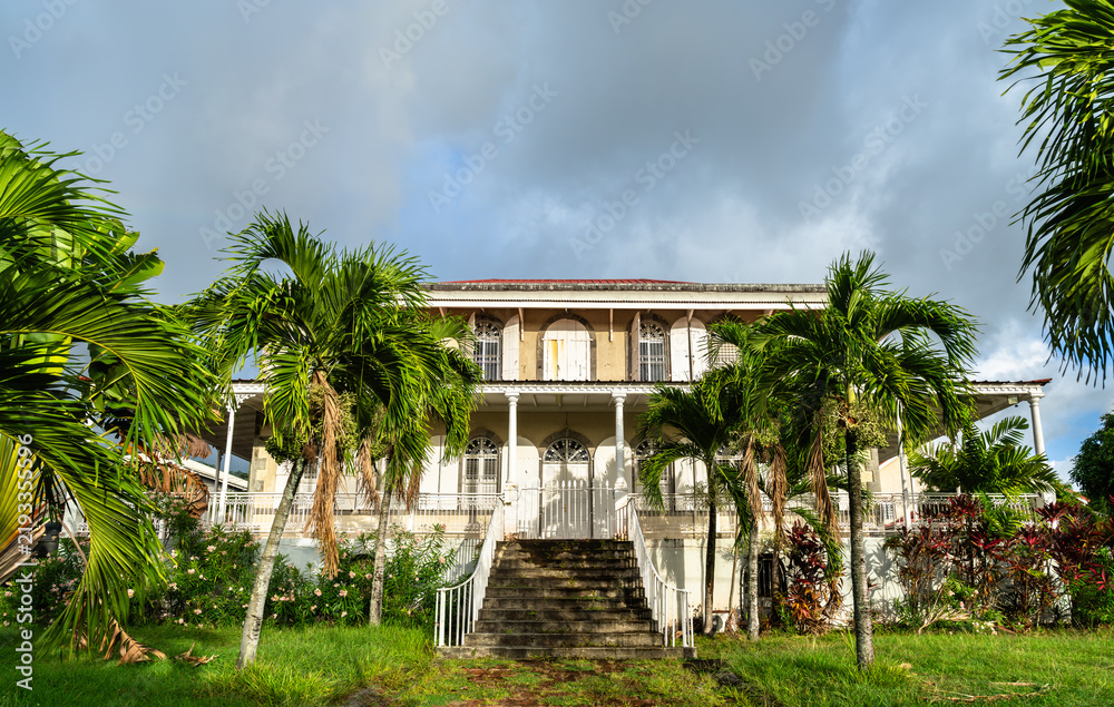 Obraz premium Historic colonial style mansion surrounded by lush tropical palm trees under a cloudy sky in Roseau, Dominica, Caribbean.