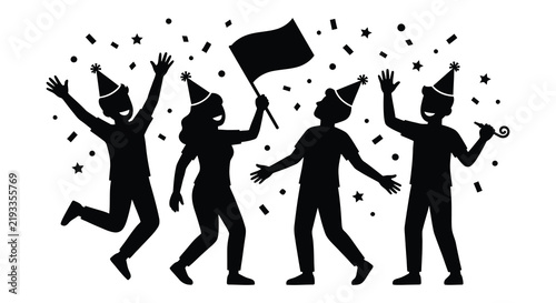 Foto Celebrating people silhouettes with confetti and party hats against a white back