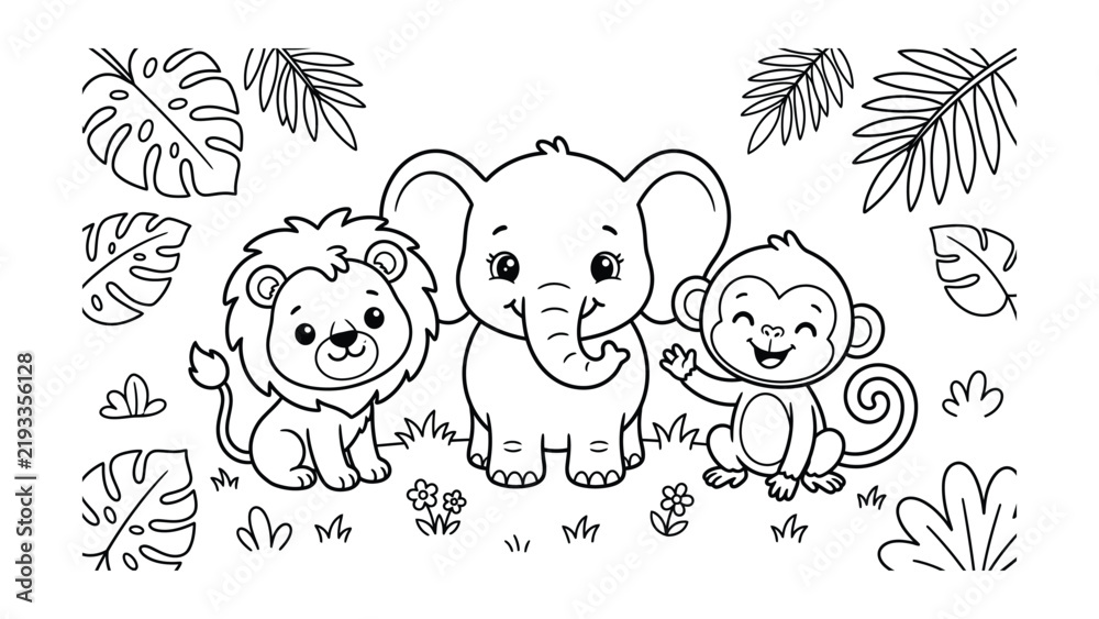 Obraz premium Cute Cartoon Jungle Animals Lion Elephant and Monkey Vector, Kawaii Baby Safari Animals Coloring Page