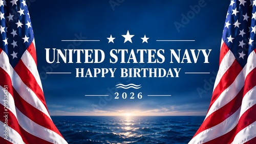United states navy birthday is celebrated with waving american flags and a beautiful ocean