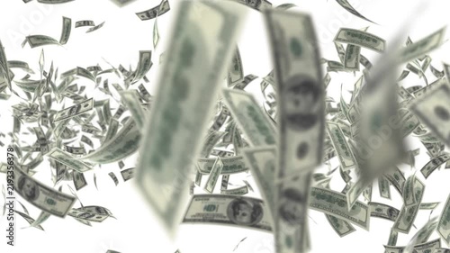 Flying dollars banknotes motion isolated on a white background. 100 US banknotes falling Dollar banknotes.  