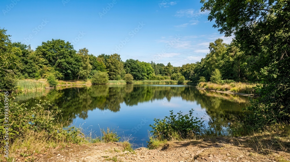 Obraz premium A peaceful pond and countryside landscape under a clear blue sky.