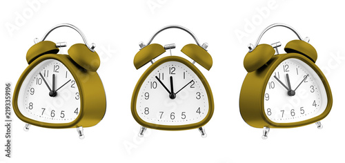 Stylish Yellow alarm clocks with bells and twin-bell style elements. High-quality 3D render or studio shot for home decor, lifestyle blogs, and creative office supplies presentations.