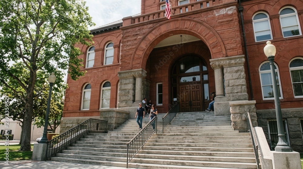 Fototapeta premium Historic Red Brick Courthouse Facade with Grand Staircase and People Descending