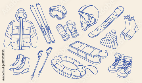 Set of winter sports gear including skis, snowboard, skates, sled, and boots. Hand drawn illustration.