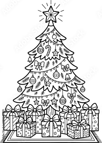 Decorated Christmas tree with gift boxes coloring page for children