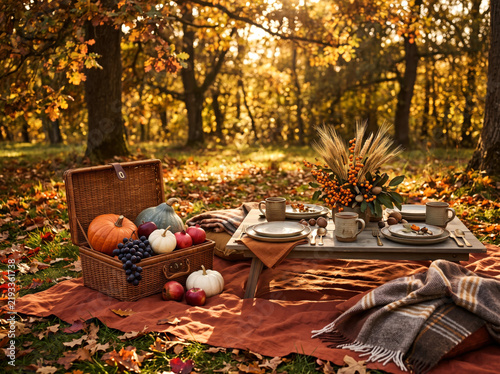 Autumn Picnic Table Setting with Wicker Basket Pumpkins Grapes and Seasonal Harvest Decor in Golden Forest for Thanksgiving Celebration Banner Concept