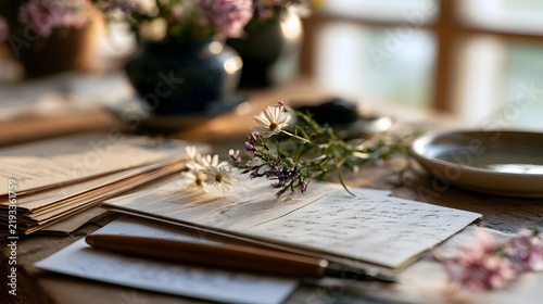 A rustic wooden table holds handwritten letters  delicate wildflowers  and a pen under soft natural light from a window