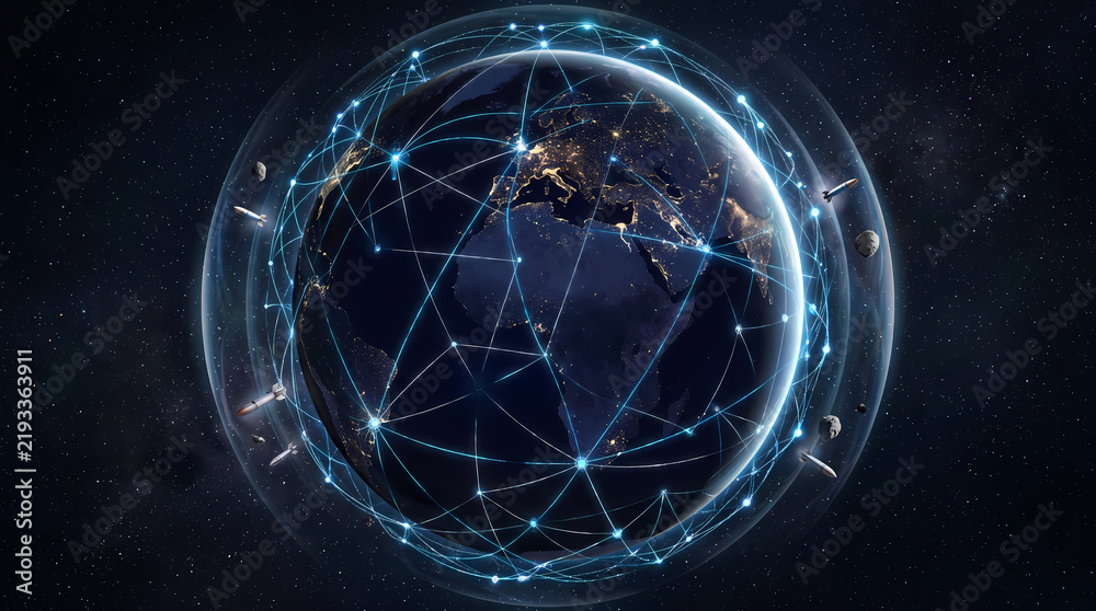 Fototapeta premium Earth network shield against missiles and asteroids at night