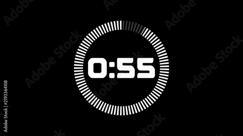 Digital time counter decreasing from 60 seconds to zero with circular progress indicator, segmented ring, bold numerals, sleek black backdrop, modern motion graphic.