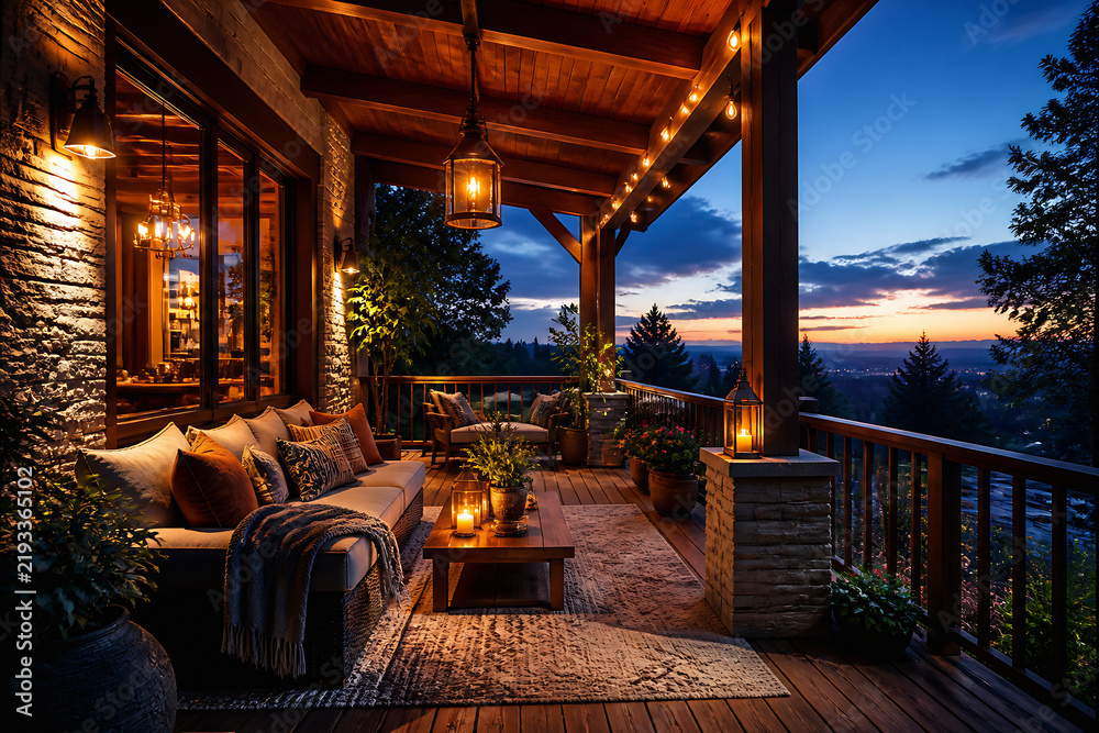 Fototapeta premium A cozy, warmly lit outdoor patio with comfortable seating overlooks a scenic sunset view.
