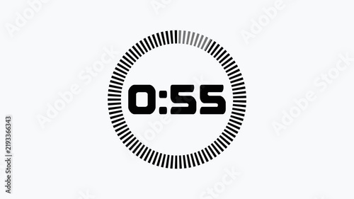One minute digital countdown clock from 60 to 0 with rotating progress ring, bold numbers, clean white backdrop, simple motion graphic for presentations.