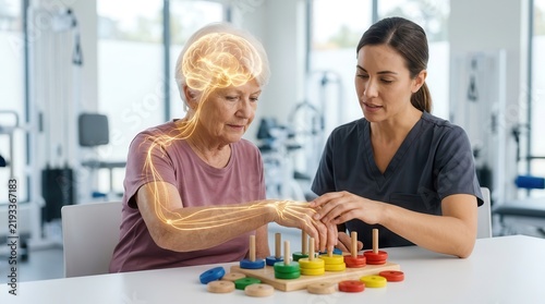 A senior patient undergoes stroke rehabilitation and occupational therapy sessions