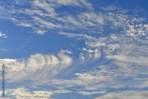 Obraz na płótnie Wispy cirrus clouds and altocumulus in a bright blue sky