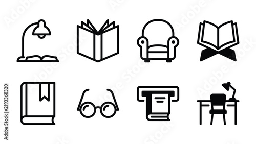 Study and Reading Icons: A collection of simple line art icons depicting elements related to study, reading, and learning, including books, a desk lamp, an armchair, reading glasses, and a desk setup.