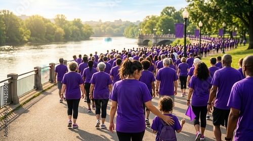 Community walk featuring people of various ages in purple clothing and ribbons.