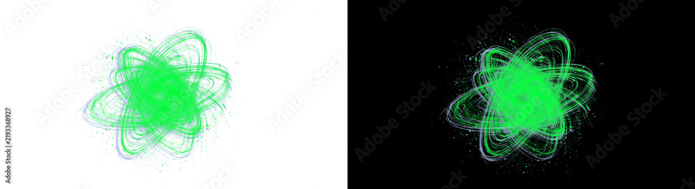 Fototapeta premium Vibrant glowing atom illustration with swirling neon green particle trails and radiant energy waves