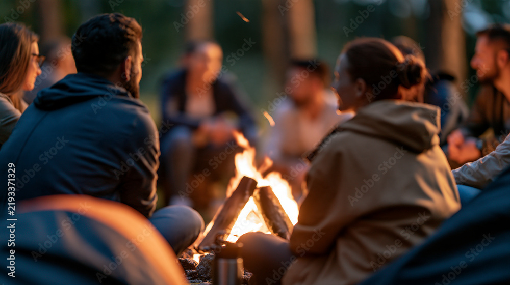 Fototapeta premium Young team sitting together by a campfire in nature, outdoor team building retreat, bonding, relaxation, adventure teamwork, with copy space