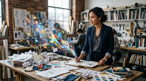 Creative Woman Designing: Inspiration Bursting from Notebook