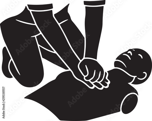 Black silhouette icon of medical professional performing cpr emergency chest compressions on patient body.