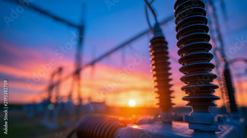 High voltage electrical insulators at a power substation during twilight, illustrating energy transmission, grid infrastructure and utility engineering