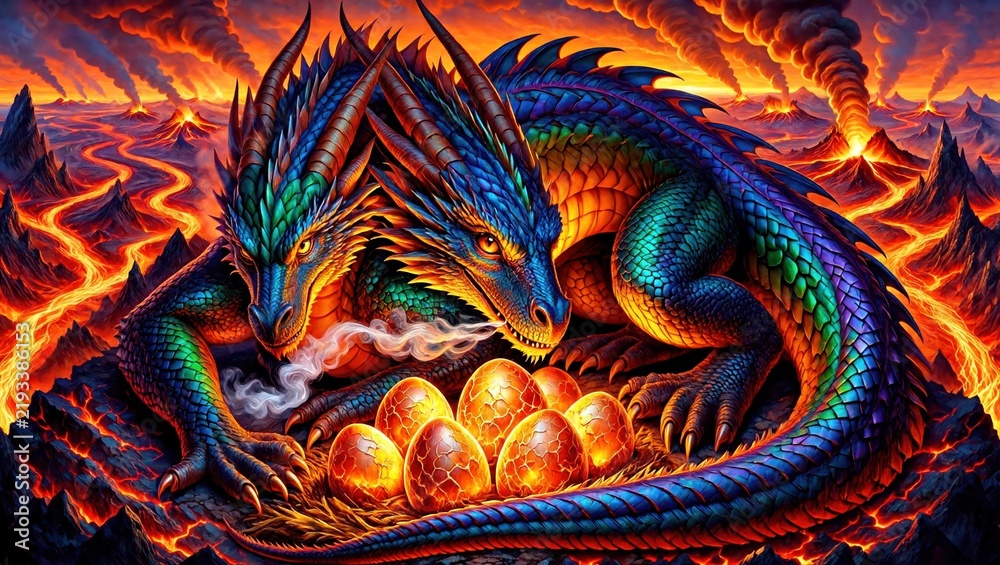 Fototapeta premium Pair of Dragons Guarding Fiery Eggs in Volcanic Landscape