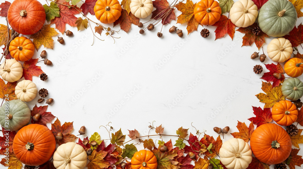 Fototapeta premium Autumn Thanksgiving Background with Pumpkins, Red Apples, Wheat Ears, and Maple Leaves Flat Lay