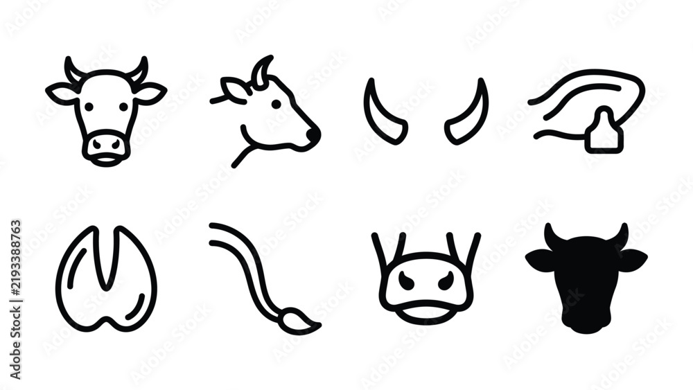 Obraz premium Cow Icon Set: A collection of minimalist black and white icons representing various parts and features of a cow, including its head, horns, hoof, tail, and silhouette.