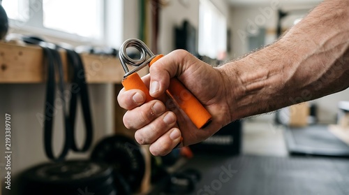 Muscular man using a hand grip strengthener in a home gym setting