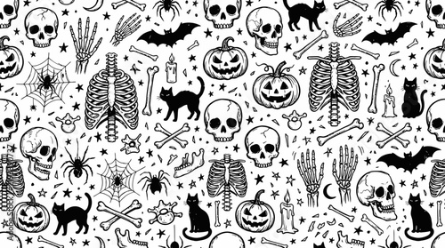 Seamless halloween pattern with skulls pumpkins and spooky icons