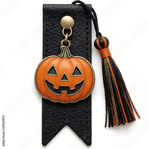 A single Halloween bookmark, black textured leather, orange pumpkin-shaped metal charm, decorative tassel, realistic leather and metal texture