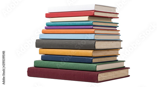 Bild auf Leinwand Large stack of colorful hardcover books on transparent background for library or education school theme