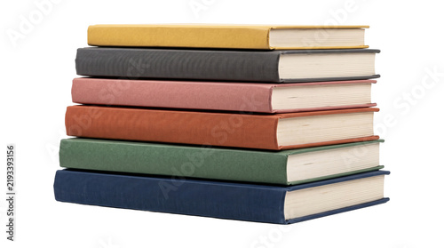 Bild auf Leinwand Six colorful hardcover textbooks stacked vertically on transparent background for academic school poster