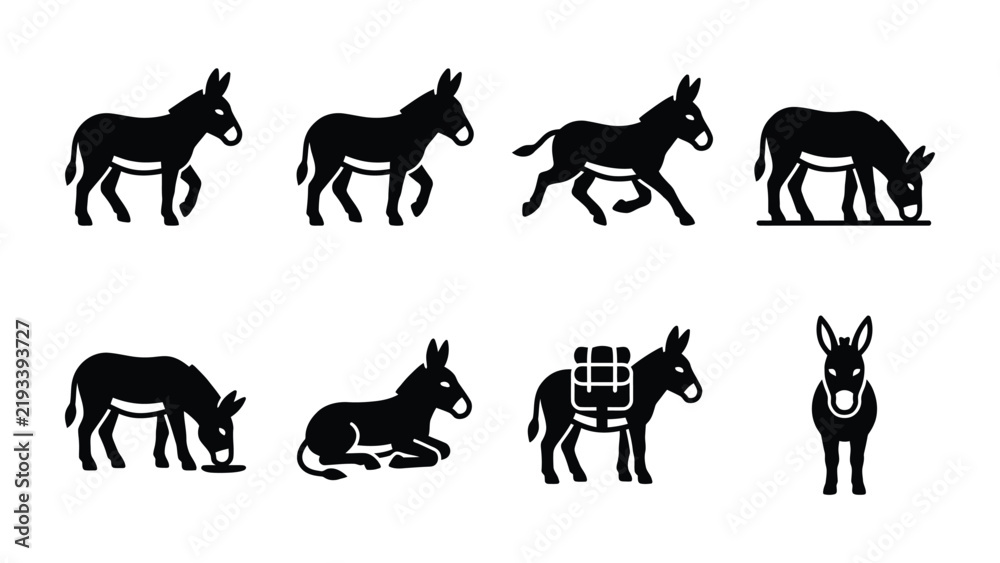 Obraz premium Donkey Poses Collection: A graphic collection of stylized donkey illustrations showcasing various activities including walking, running, grazing, resting, and carrying a load.