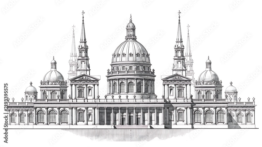 Obraz premium Historic Cathedral Dome Towers Detailed Line Drawing Sketch High Resolution Picture