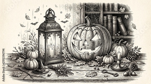 Vintage-style jack-o'-lantern and candles arrangement on rustic wooden table for seasonal decor