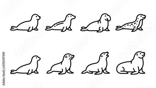 Seal Collection: A curated set of eight stylized line art illustrations depicting seals in various poses and forms, showcasing their distinct body shapes and features.