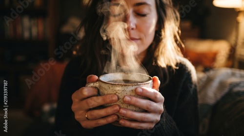 Woman holding a steaming ceramic mug of hot coffee or tea with both hands, capturing a cozy morning ritual and mindful relaxation for wellness marketing and lifestyle storytelling.