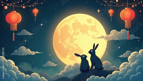 Cute digital illustration of two adorable rabbits sitting together on fluffy clouds under a large glowing full moon, surrounded by traditional red lanterns and decorative branches against a dark blue	