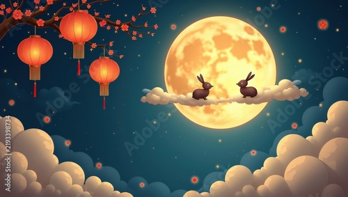 Cute digital illustration of two adorable rabbits sitting together on fluffy clouds under a large glowing full moon, surrounded by traditional red lanterns and decorative branches against a dark blue	