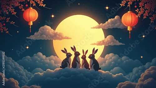 Cute digital illustration of two adorable rabbits sitting together on fluffy clouds under a large glowing full moon, surrounded by traditional red lanterns and decorative branches against a dark blue	