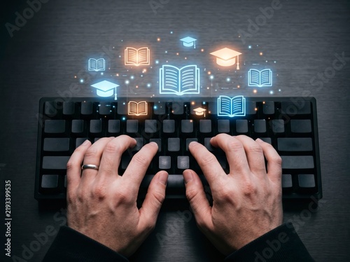 Person typing on a black mechanical keyboard with glowing educational digital icons of books and graduation caps emerging, symbolizing modern e-learning and online study.