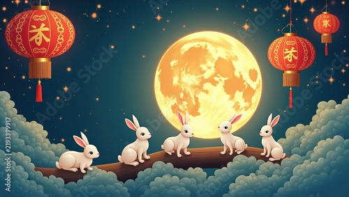 Cute digital illustration of two adorable rabbits sitting together on fluffy clouds under a large glowing full moon, surrounded by traditional red lanterns and decorative branches against a dark blue	